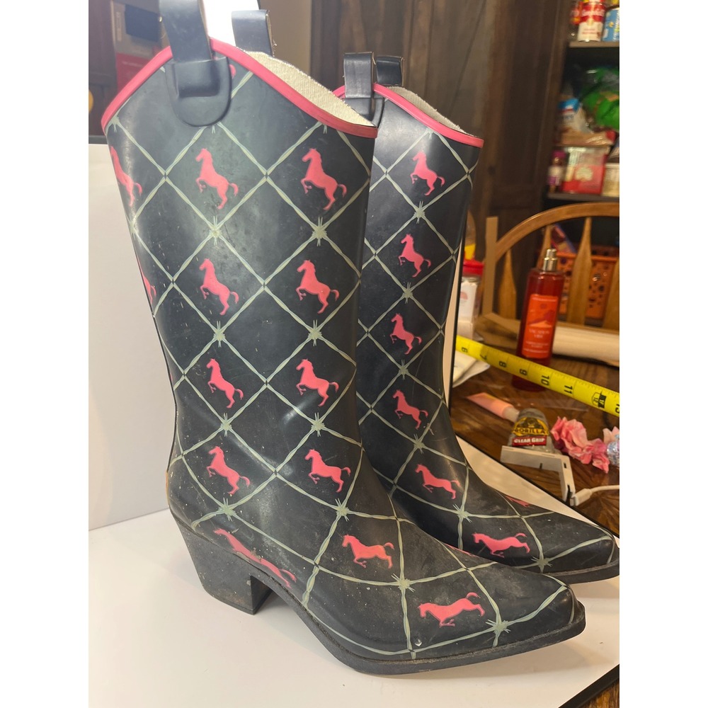 Bit & Bridle Womens Navy Pink Horse Print Rubber Western Rain Boots Size 8
